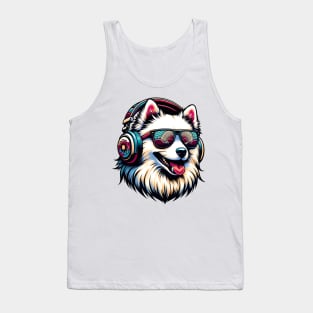 Smiling Japanese Spitz DJ with Stylish Sunglasses Tank Top